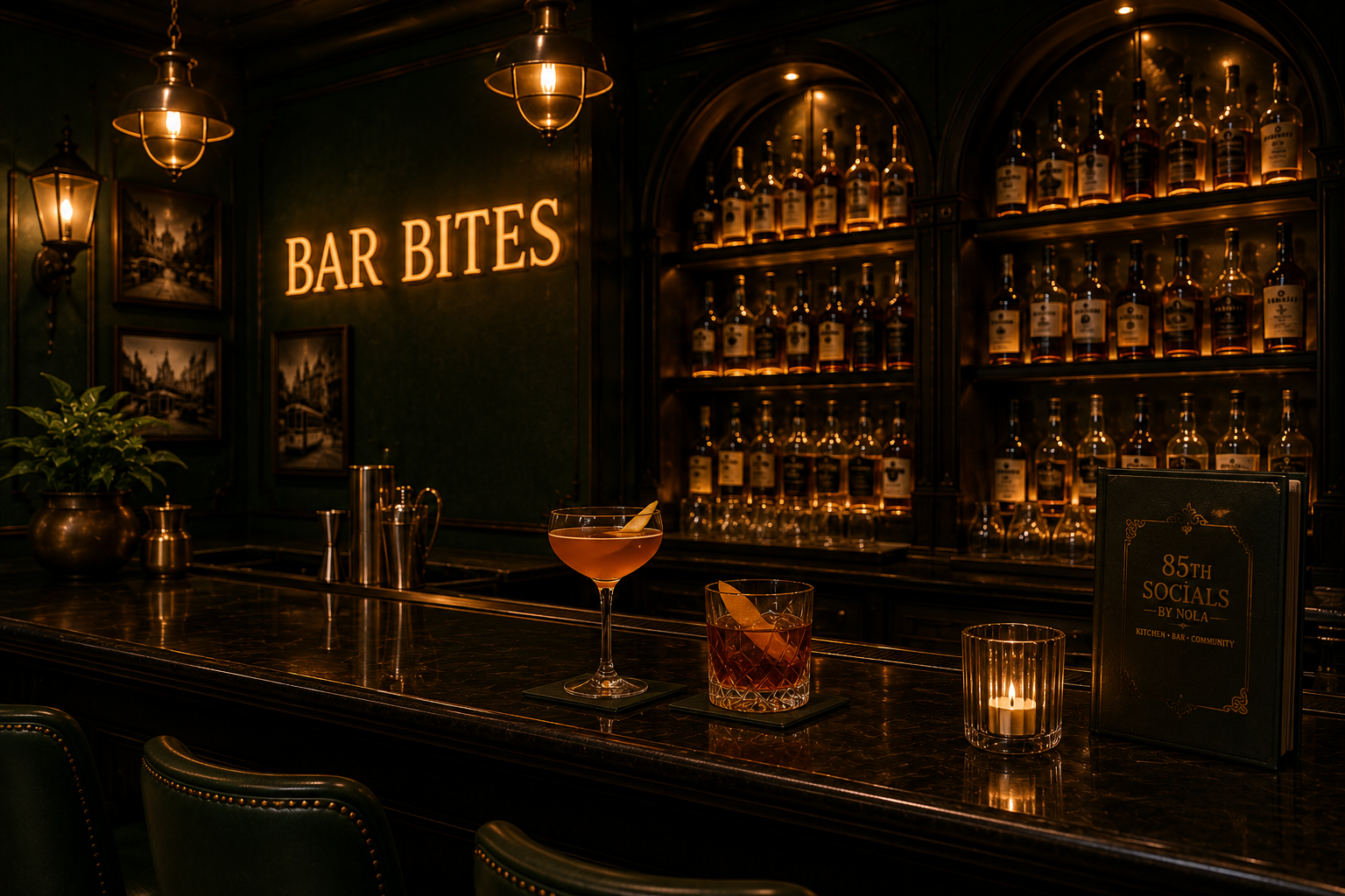 Craft cocktails on dark marble bar with backlit shelves and warm amber lighting